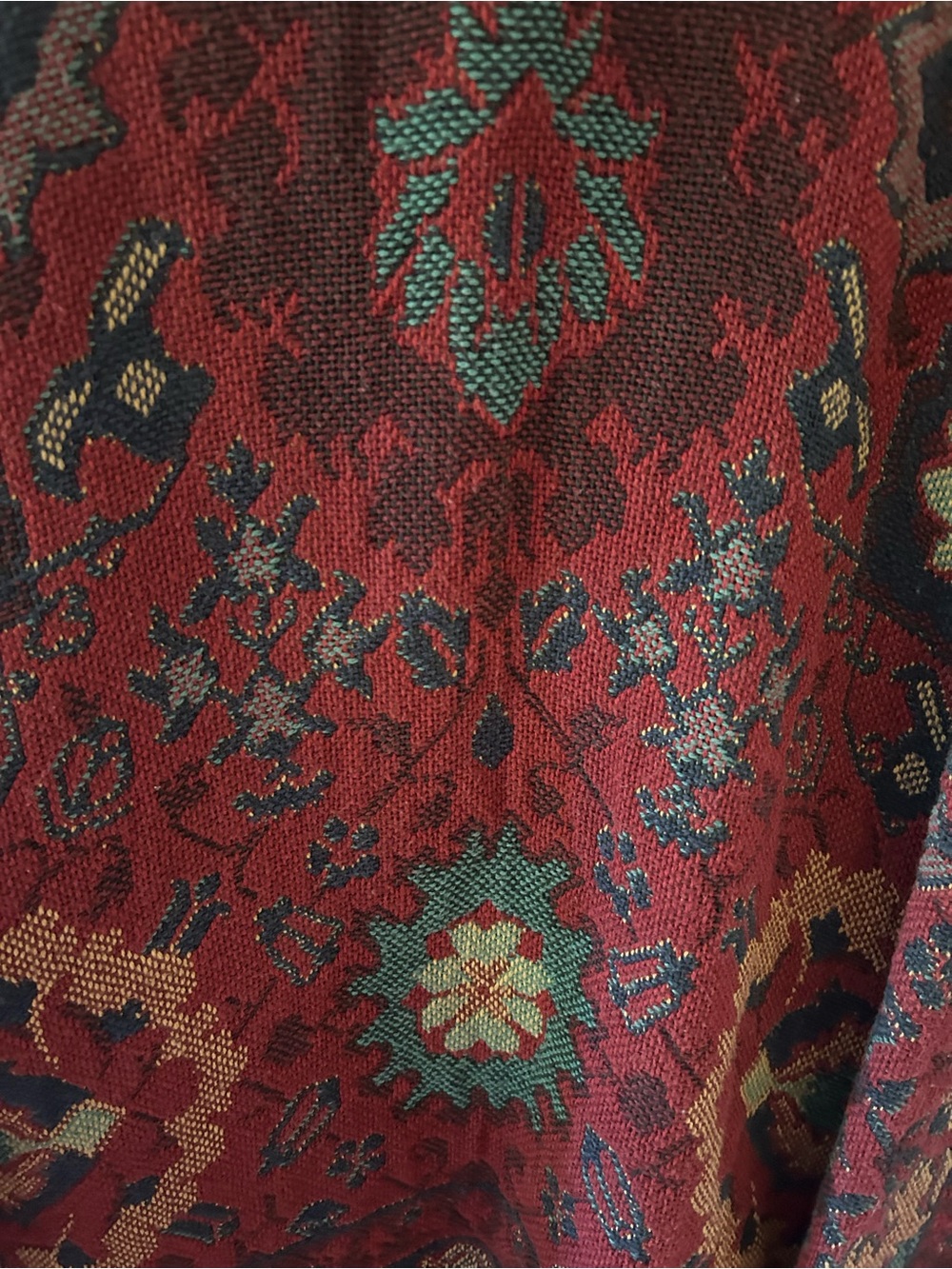 One of a Kind Handmade Women's Red & Navy Tapestry Fringed Cardigan Jacket - Picture 8 of 16